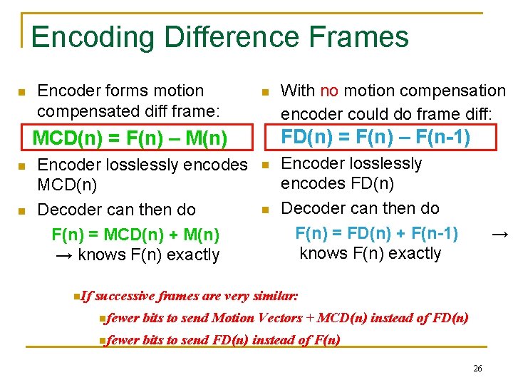 Encoding Difference Frames n Encoder forms motion compensated diff frame: n FD(n) = F(n)