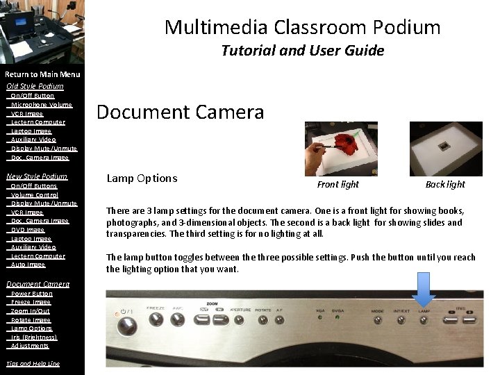 Multimedia Classroom Podium Tutorial and User Guide Return to Main Menu Old Style Podium