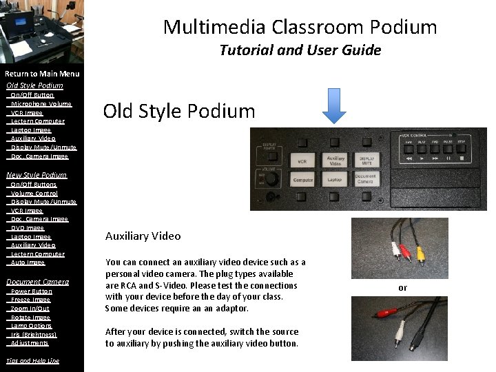 Multimedia Classroom Podium Tutorial and User Guide Return to Main Menu Old Style Podium