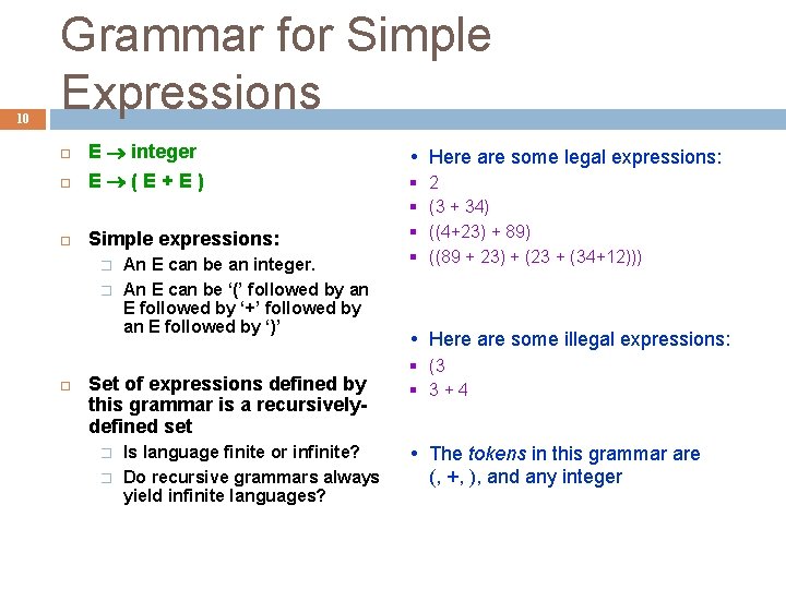 10 Grammar for Simple Expressions E integer E (E+E) Simple expressions: � � An