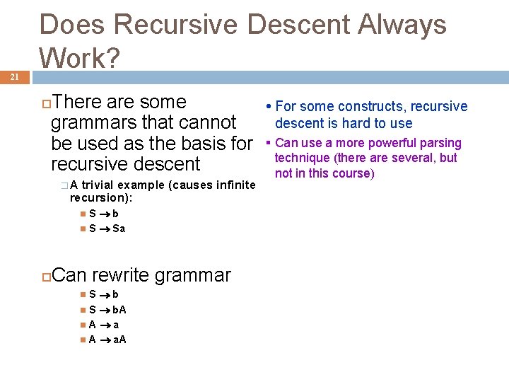 21 Does Recursive Descent Always Work? There are some grammars that cannot be used