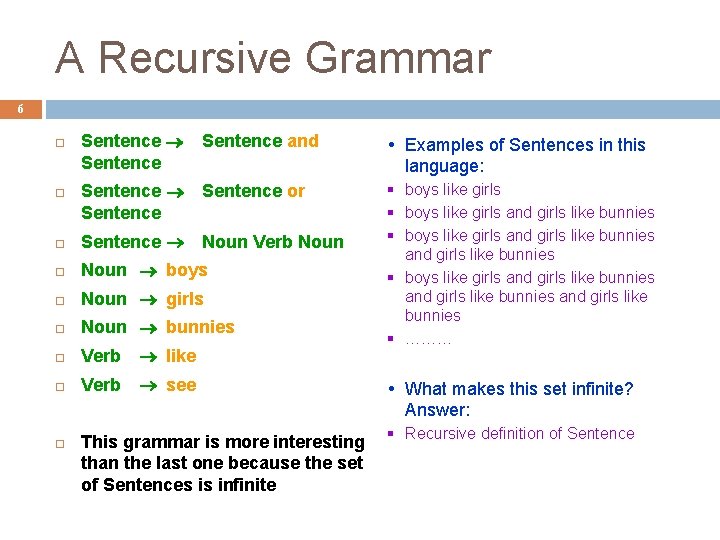 A Recursive Grammar 6 Sentence and Examples of Sentences in this language: Sentence or