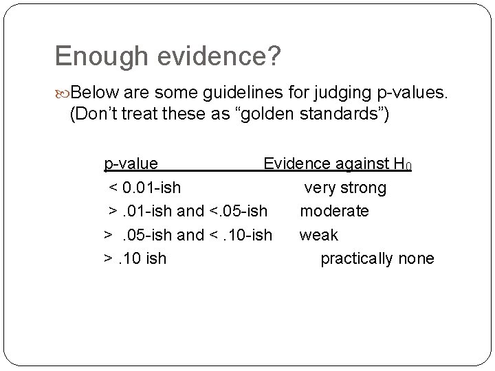 Enough evidence? Below are some guidelines for judging p-values. (Don’t treat these as “golden