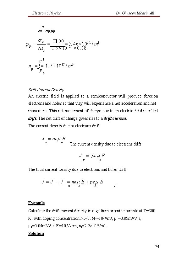 Electronic Physics Dr. Ghusoon Mohsin Ali 2 ni =np pp pp p � 100 Electronic Physics Dr. Ghusoon Mohsin Ali 2 ni =np pp pp p � 100