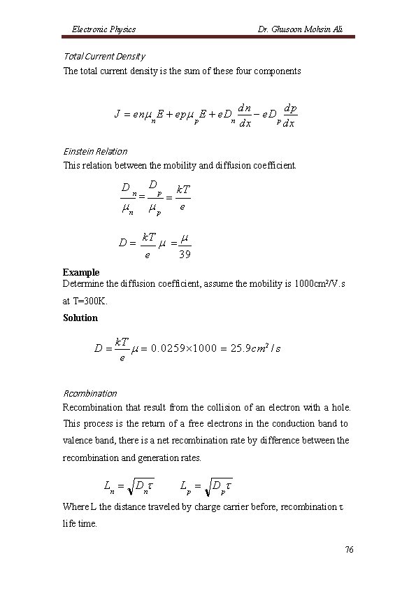 Electronic Physics Dr. Ghusoon Mohsin Ali Total Current Density The total current density is Electronic Physics Dr. Ghusoon Mohsin Ali Total Current Density The total current density is