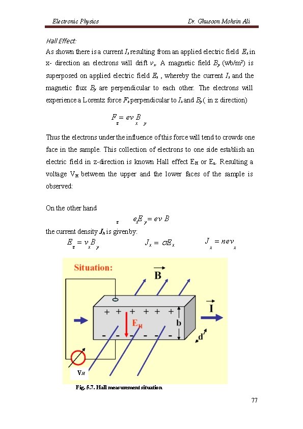 Electronic Physics Dr. Ghusoon Mohsin Ali Hall Effect: As shown there is a current Electronic Physics Dr. Ghusoon Mohsin Ali Hall Effect: As shown there is a current