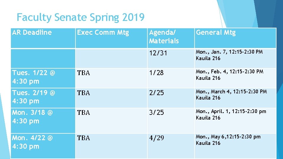 Faculty Senate Spring 2019 AR Deadline Exec Comm Mtg Agenda/ Materials General Mtg 12/31 Faculty Senate Spring 2019 AR Deadline Exec Comm Mtg Agenda/ Materials General Mtg 12/31