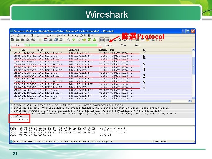 Wireshark 篩選Protocol S k y 3 2 5 7 21 