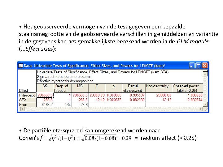  • Het geobserveerde vermogen van de test gegeven een bepaalde staalnamegrootte en de