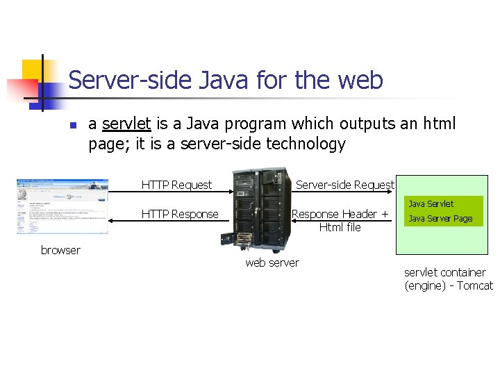 Server-side Java for the web n a servlet is a Java program which outputs