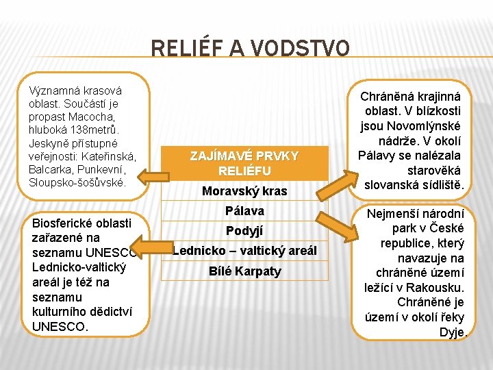 RELIÉF A VODSTVO Významná krasová oblast. Součástí je propast Macocha, hluboká 138 metrů. Jeskyně