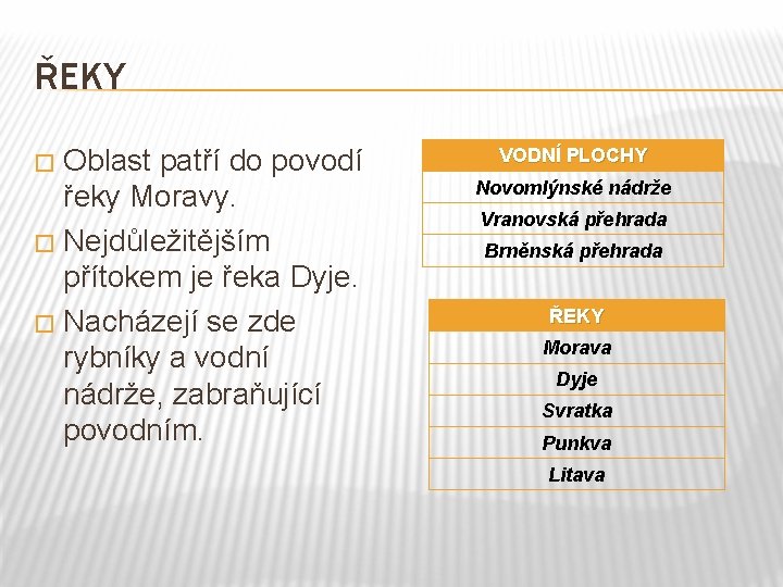 ŘEKY Oblast patří do povodí řeky Moravy. � Nejdůležitějším přítokem je řeka Dyje. �