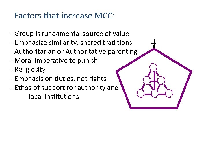 Factors that increase MCC: --Group is fundamental source of value --Emphasize similarity, shared traditions
