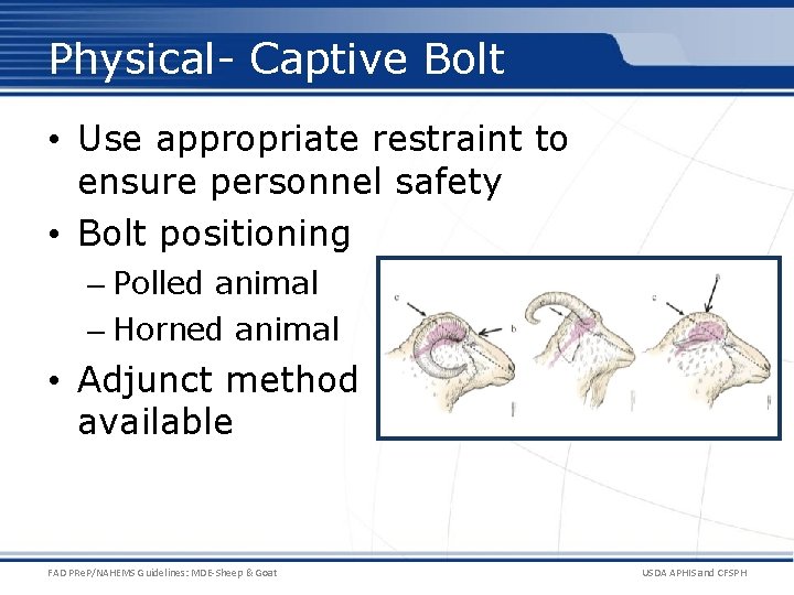 Physical- Captive Bolt • Use appropriate restraint to ensure personnel safety • Bolt positioning