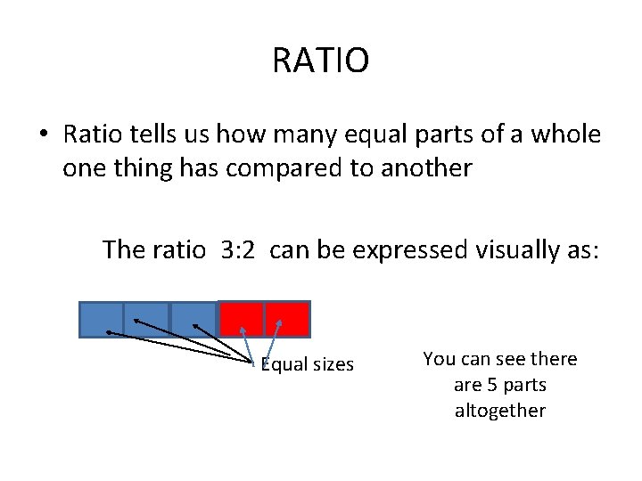 RATIO • Ratio tells us how many equal parts of a whole one thing