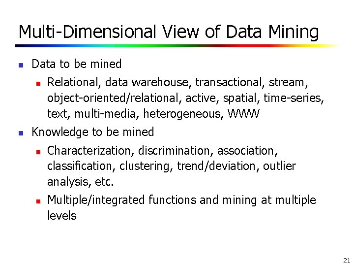 Multi-Dimensional View of Data Mining n Data to be mined n n Relational, data Multi-Dimensional View of Data Mining n Data to be mined n n Relational, data