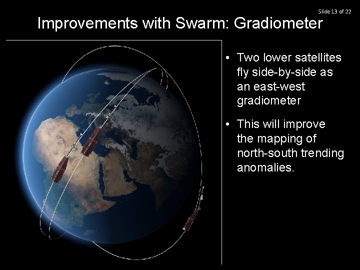 Slide 13 of 22 Improvements with Swarm: Gradiometer • Two lower satellites fly side-by-side