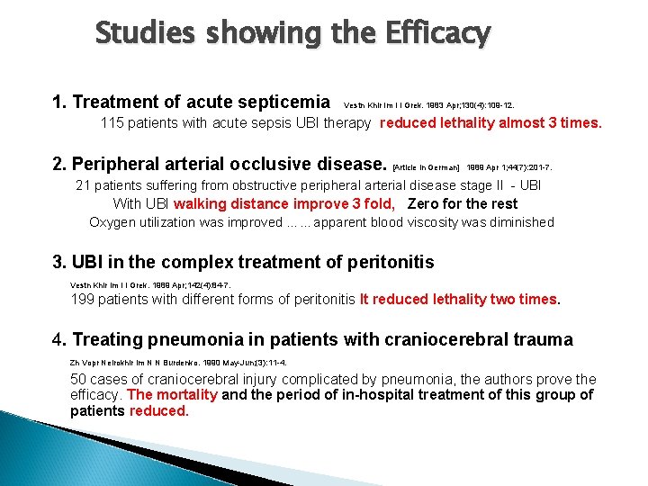 Studies showing the Efficacy 1. Treatment of acute septicemia Vestn Khir Im I I
