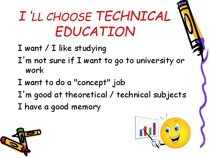 I ‘LL CHOOSE TECHNICAL EDUCATION I want / I like studying I'm not sure