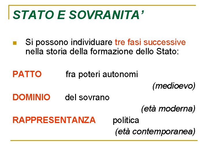 STATO E SOVRANITA’ n Si possono individuare tre fasi successive nella storia della formazione