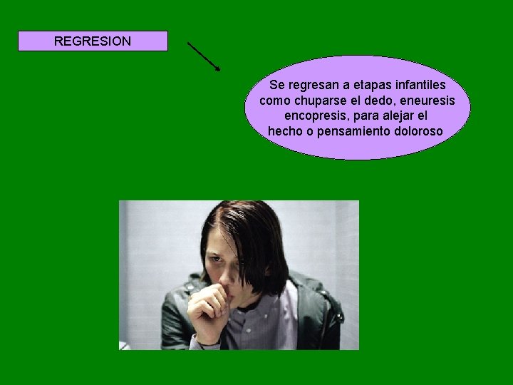 REGRESION Se regresan a etapas infantiles como chuparse el dedo, eneuresis encopresis, para alejar REGRESION Se regresan a etapas infantiles como chuparse el dedo, eneuresis encopresis, para alejar