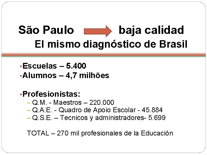 São Paulo baja calidad El mismo diagnóstico de Brasil • Escuelas – 5. 400