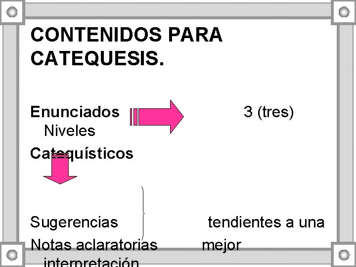 CONTENIDOS PARA CATEQUESIS. Enunciados Niveles Catequísticos Sugerencias Notas aclaratorias 3 (tres) tendientes a una CONTENIDOS PARA CATEQUESIS. Enunciados Niveles Catequísticos Sugerencias Notas aclaratorias 3 (tres) tendientes a una