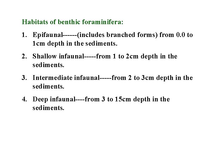 Habitats of benthic foraminifera: 1. Epifaunal------(includes branched forms) from 0. 0 to 1 cm