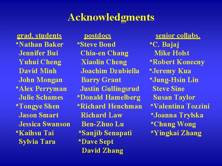 Acknowledgments grad. students *Nathan Baker Jennifer Bui Yuhui Cheng David Minh John Mongan *Alex