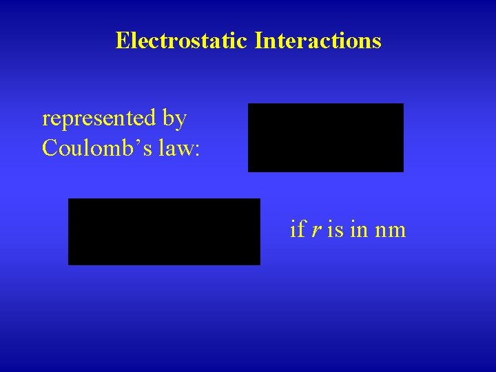 Electrostatic Interactions represented by Coulomb’s law: if r is in nm 