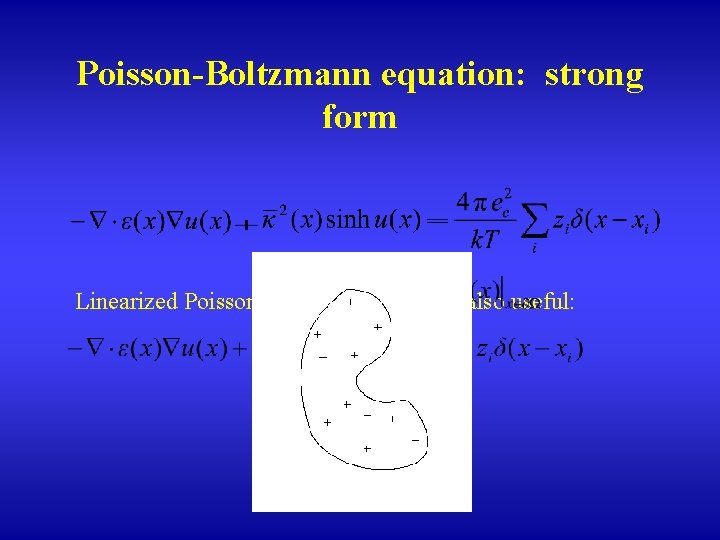 Poisson-Boltzmann equation: strong form Linearized Poisson-Boltzmann equation also useful: 