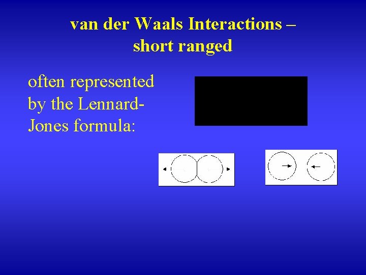 van der Waals Interactions – short ranged often represented by the Lennard. Jones formula: