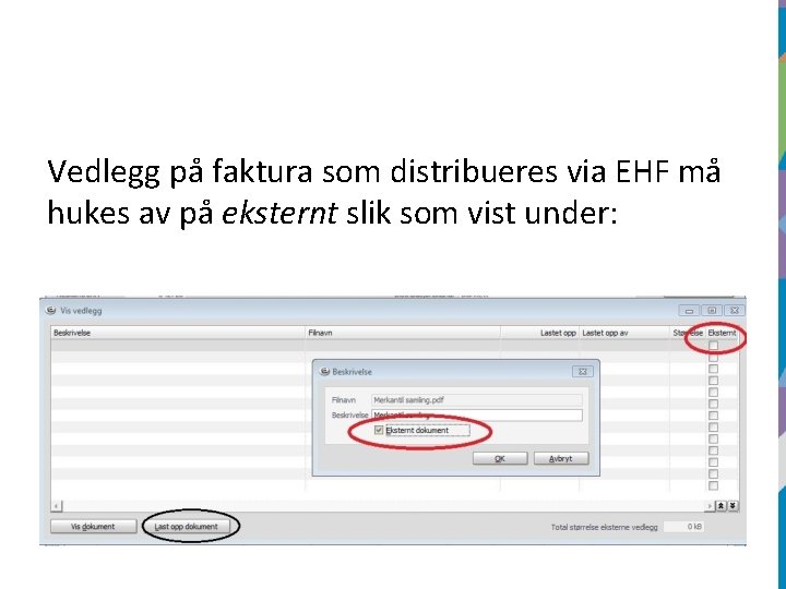 Vedlegg på faktura som distribueres via EHF må hukes av på eksternt slik som
