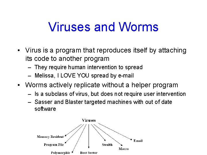 Viruses and Worms • Virus is a program that reproduces itself by attaching its