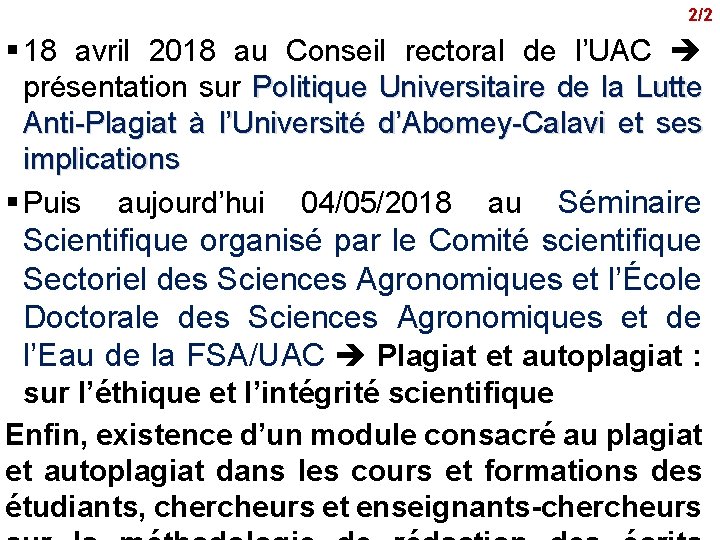 2/2 § 18 avril 2018 au Conseil rectoral de l’UAC présentation sur Politique Universitaire