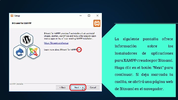 La siguiente pantalla ofrece información instaladores sobre de los aplicaciones para XAMPP creados por