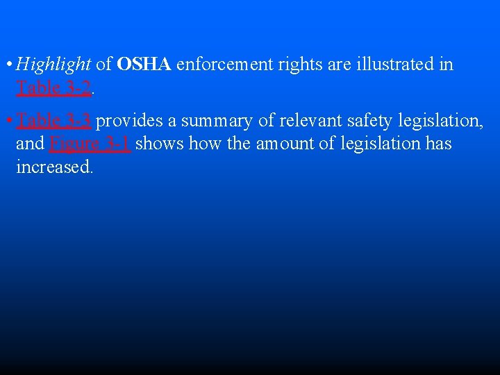  • Highlight of OSHA enforcement rights are illustrated in Table 3 -2. •