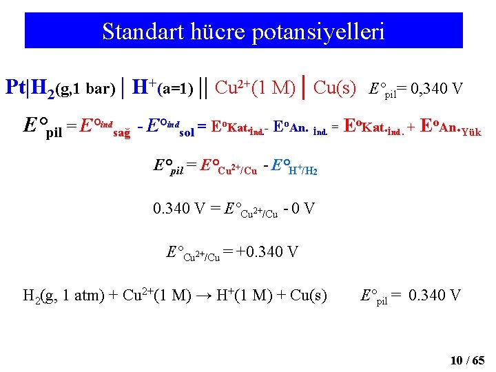 Standart hücre potansiyelleri Pt|H 2(g, 1 bar) | H+(a=1) || Cu 2+(1 M) |