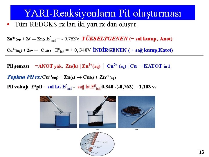 YARI-Reaksiyonların Pil oluşturması • Tüm REDOKS rx. ları iki yarı rx. dan oluşur. Zn