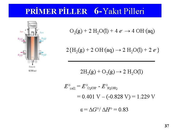 PRİMER PİLLER 6 -Yakıt Pilleri O 2(g) + 2 H 2 O(l) + 4