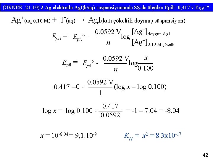 (ÖRNEK 21 -10) 2 Ag elektrotla Ag. I(k/aq) suspansiyonunda SŞ. da ölçülen Epil= 0,