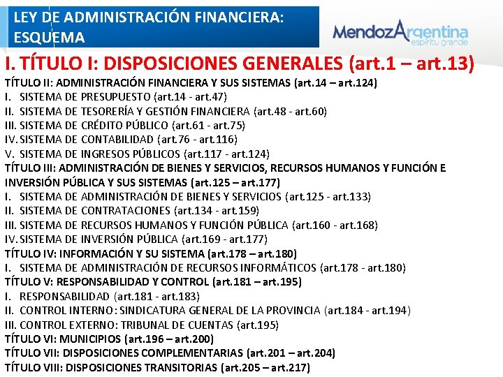 LEY DE ADMINISTRACIÓN FINANCIERA: ESQUEMA I. TÍTULO I: DISPOSICIONES GENERALES (art. 1 – art. LEY DE ADMINISTRACIÓN FINANCIERA: ESQUEMA I. TÍTULO I: DISPOSICIONES GENERALES (art. 1 – art.