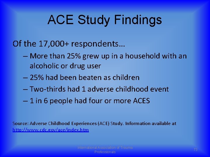 ACE Study Findings Of the 17, 000+ respondents… – More than 25% grew up