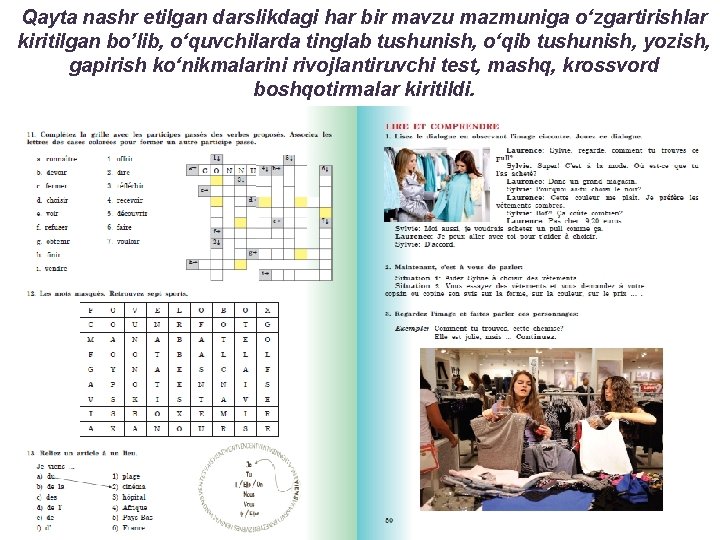 Qayta nashr etilgan darslikdagi har bir mavzu mazmuniga o‘zgartirishlar kiritilgan bo’lib, o‘quvchilarda tinglab tushunish,