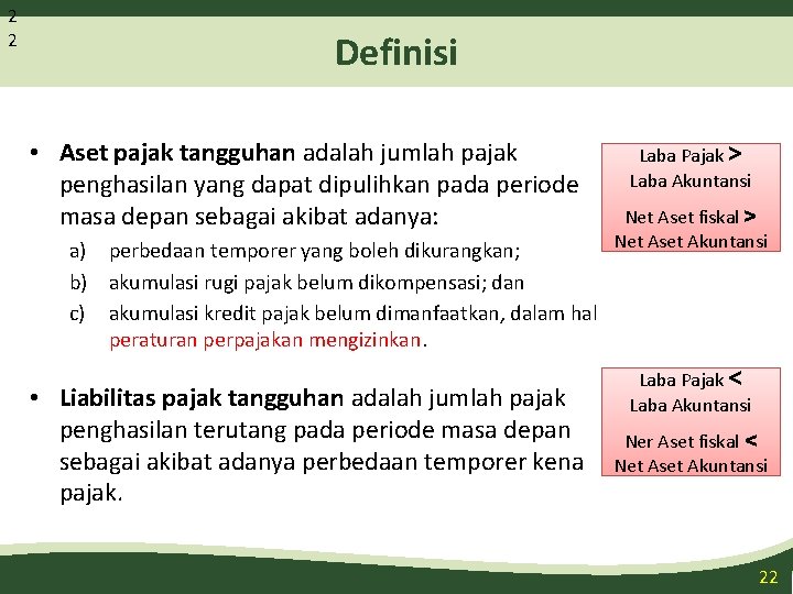 2 2 Definisi • Aset pajak tangguhan adalah jumlah pajak penghasilan yang dapat dipulihkan