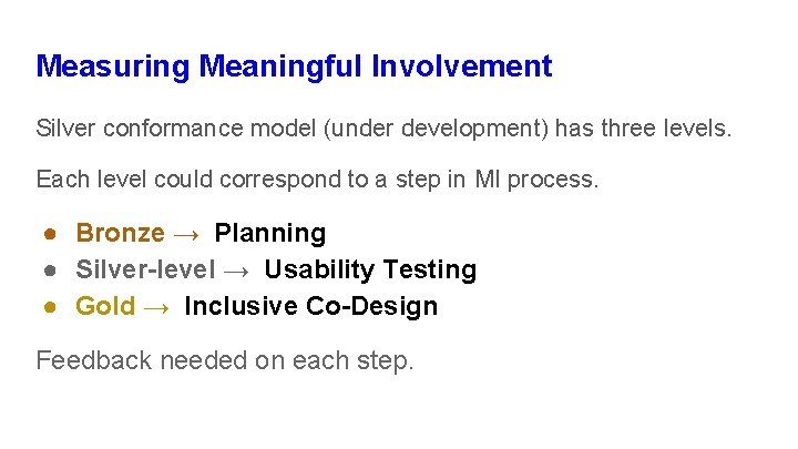 Measuring Meaningful Involvement Silver conformance model (under development) has three levels. Each level could
