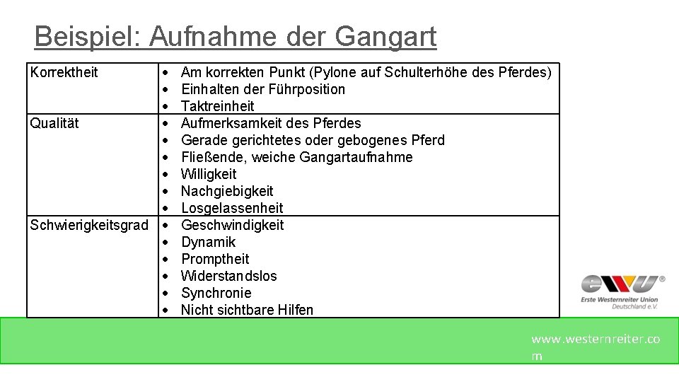 Beispiel: Aufnahme der Gangart Qualität Schwierigkeitsgrad Korrektheit Am korrekten Punkt (Pylone auf Schulterhöhe des