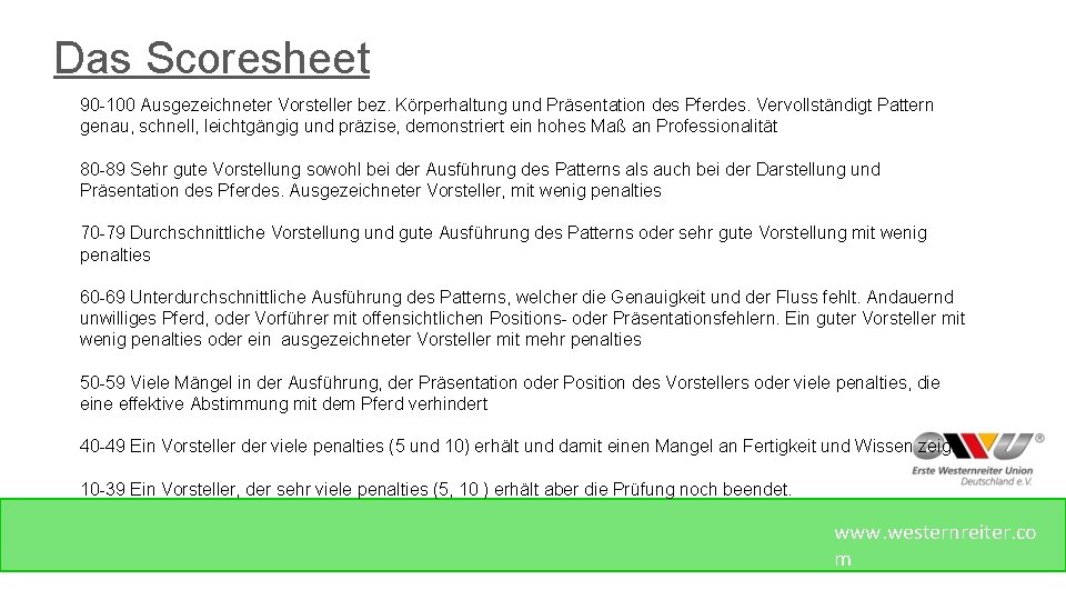 Das Scoresheet 90 -100 Ausgezeichneter Vorsteller bez. Körperhaltung und Präsentation des Pferdes. Vervollständigt Pattern