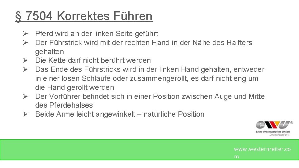 § 7504 Korrektes Führen Ø Pferd wird an der linken Seite geführt Ø Der