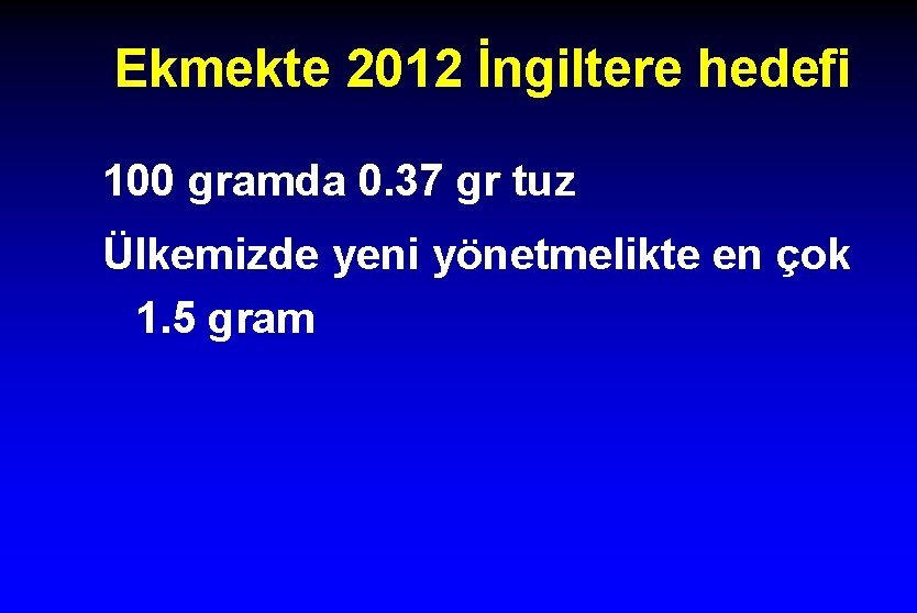 Ekmekte 2012 İngiltere hedefi 100 gramda 0. 37 gr tuz Ülkemizde yeni yönetmelikte en